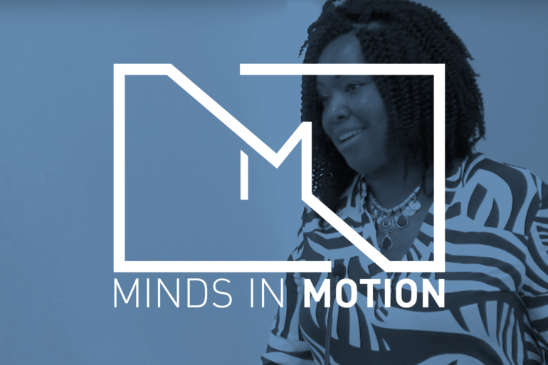 laughing JeSara with minds over motion graphic overlay