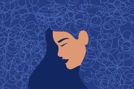 Hand-drawn image of woman's profile in blue background.