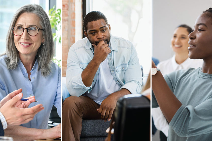 Collage of three images. The first one is an older woman talking to someone. The second shows a man talking to a therapist. And the third showcases a young woman working with others.
