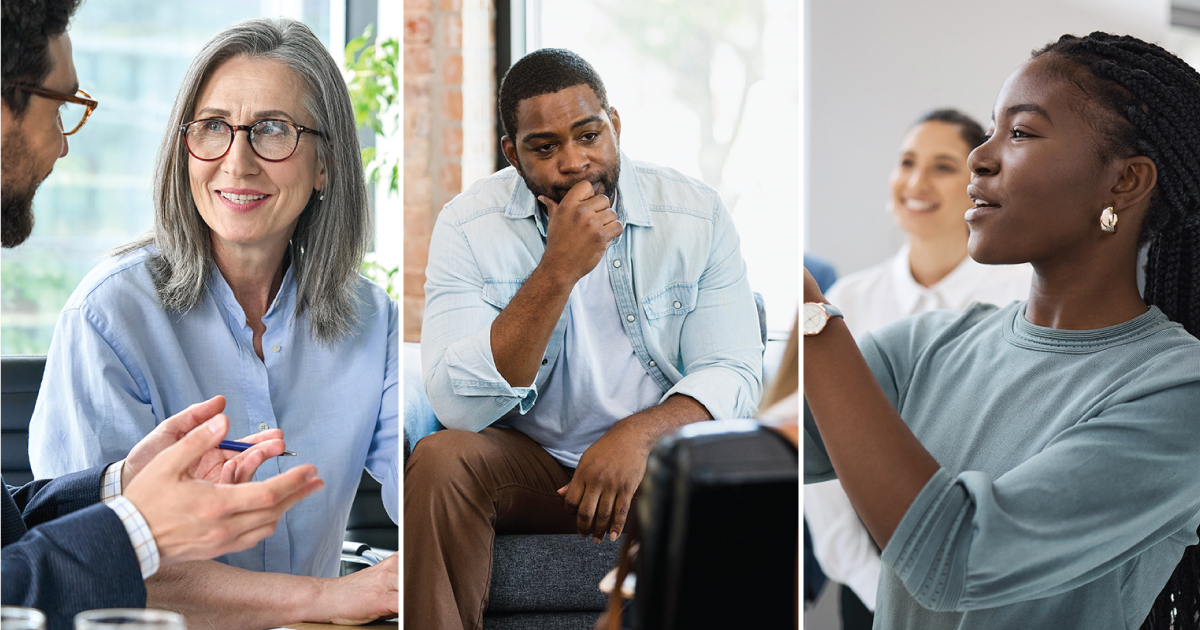 Collage of three images. The first one is an older woman talking to someone. The second shows a man talking to a therapist. And the third showcases a young woman working with others.