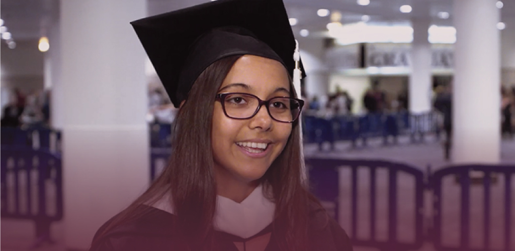 Photo of The Chicago School graduate, Christina Kielson, speaking about her commencement.