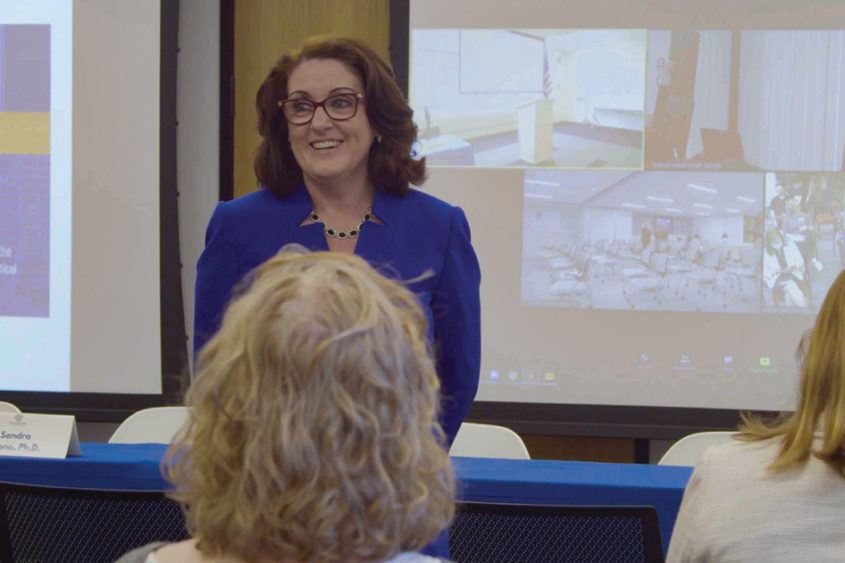 Image of The Chicago School President, Michele Nealon, Psy.D., speaking at the first State of Mental Health Summit.