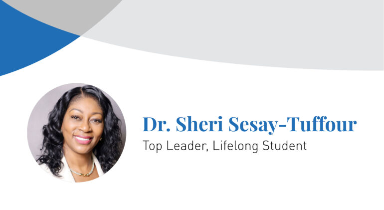 Dr. Sheri Sesay-Tuffour smiles in an inset photograph next to banner text of her name.