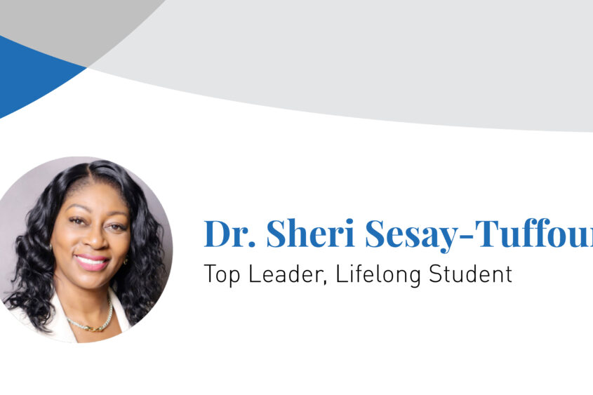 Dr. Sheri Sesay-Tuffour smiles in an inset photograph next to banner text of her name.
