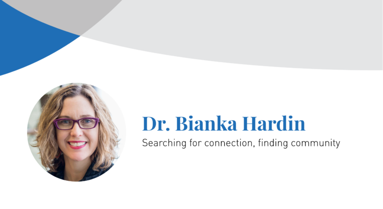 Bianka Hardin smiles in a photo inset on a banner image bearing her name
