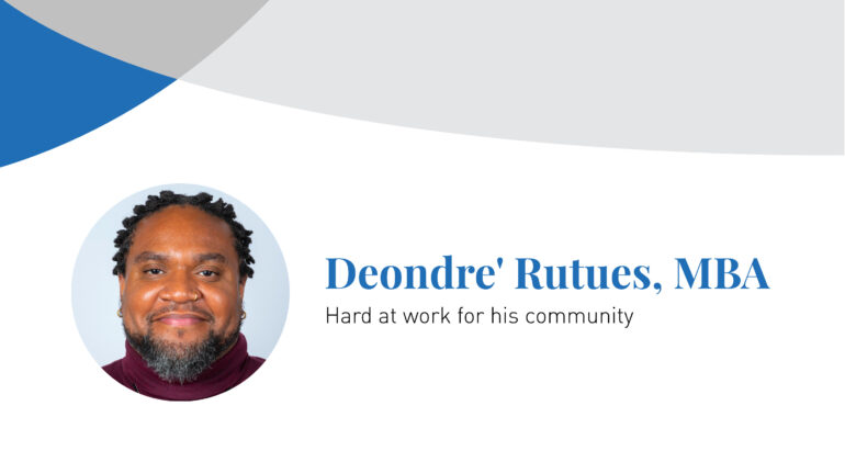 The Chicago School alumnus Deondre' Rutues smiles in a portrait photo inset next to text displaying his name.