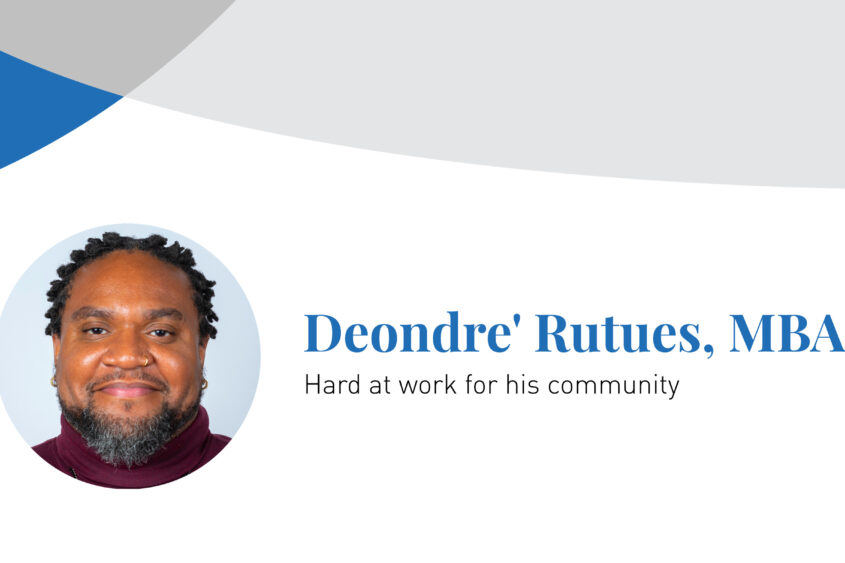 The Chicago School alumnus Deondre' Rutues smiles in a portrait photo inset next to text displaying his name.