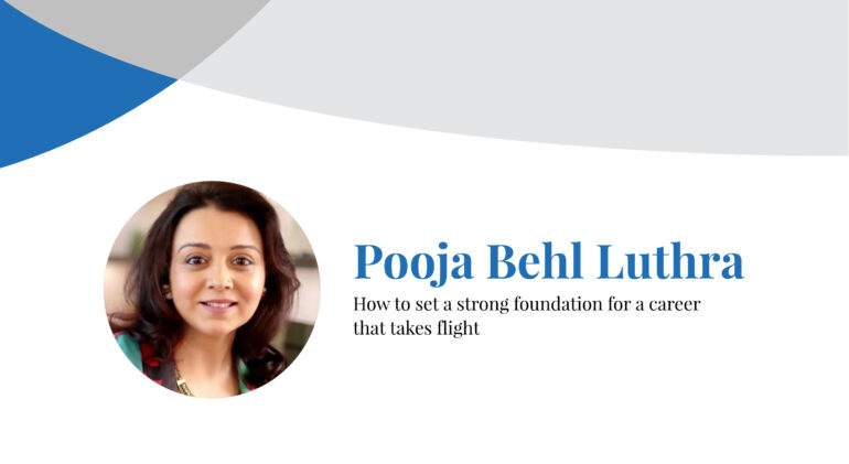 The Chicago School alumna Pooja Behl Luthra smiles in a profile photo inset next to banner text displaying her name.