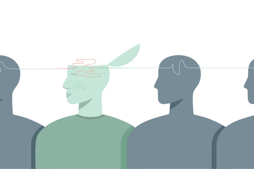 Illustration of a line of people, one with its head opened like a lid.