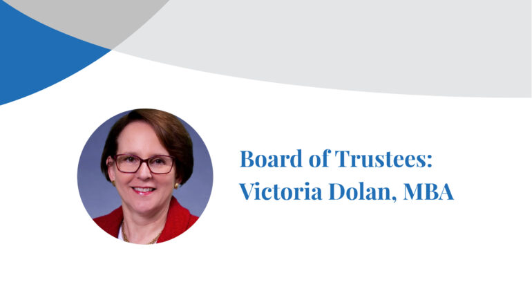The Chicago School Board of Trustees member Victoria Dolan smiles at the camera in a photograph inset on a banner displaying her name.