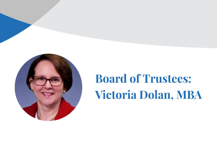 The Chicago School Board of Trustees member Victoria Dolan smiles at the camera in a photograph inset on a banner displaying her name.