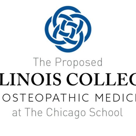 A banner displays the logo and names of The Chicago School's proposed Illinois College of Osteopathic Medicine.