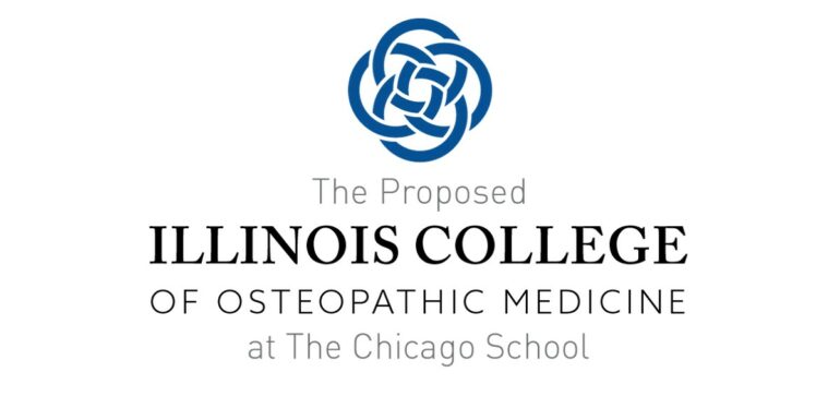 A banner displays the logo and names of The Chicago School's proposed Illinois College of Osteopathic Medicine.