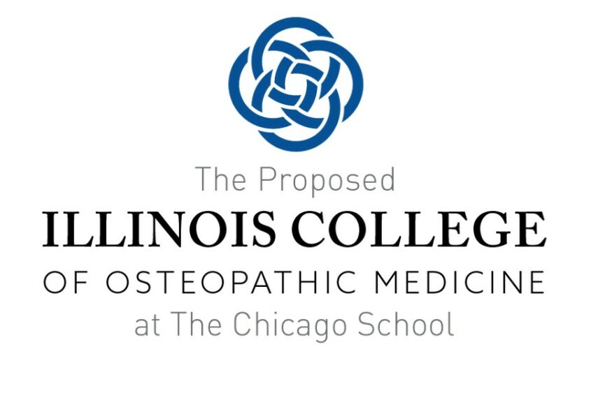 A banner displays the logo and names of The Chicago School's proposed Illinois College of Osteopathic Medicine.