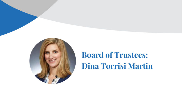 The Chicago School Board of Trustees member Dina Torrisi Martin, smiles at the camera in a photograph inset on a banner displaying her name.