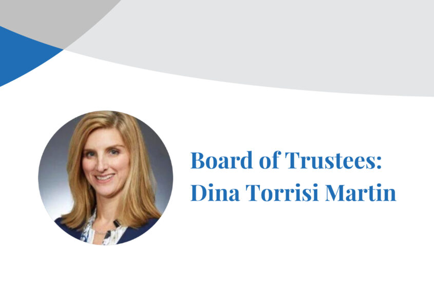 The Chicago School Board of Trustees member Dina Torrisi Martin, smiles at the camera in a photograph inset on a banner displaying her name.