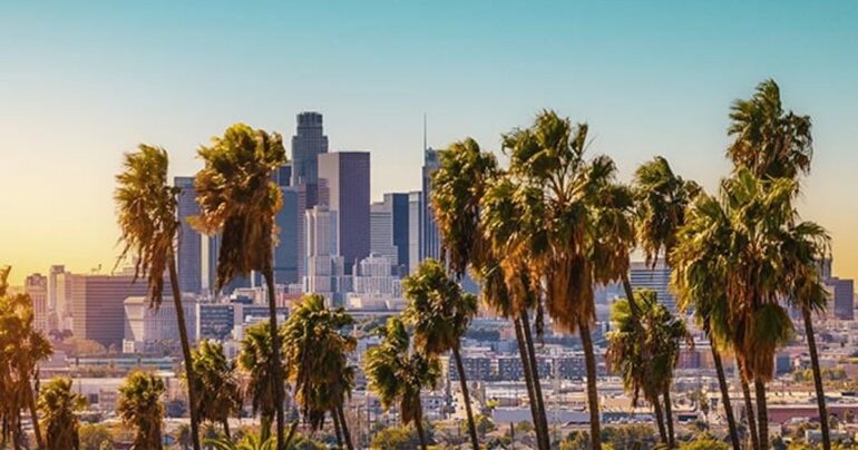 The skyline of Downtown Los Angeles looms in the distance behind a row of palm trees.