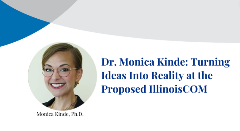 Dr. Monica Kinde smiles at the camera in photograph inset on a banner displaying their name.