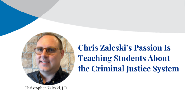Christopher Zaleski smiles at the camera in photograph inset on a banner displaying their name.