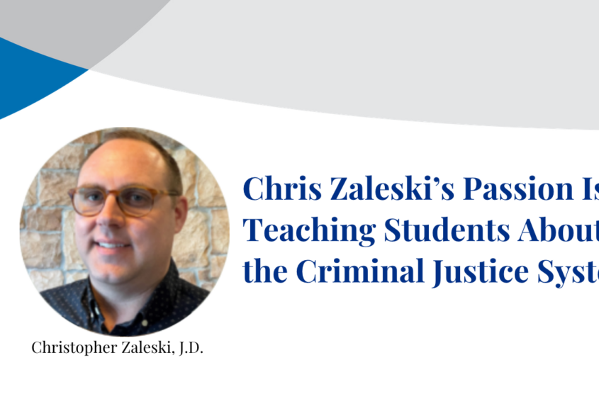 Christopher Zaleski smiles at the camera in photograph inset on a banner displaying their name.