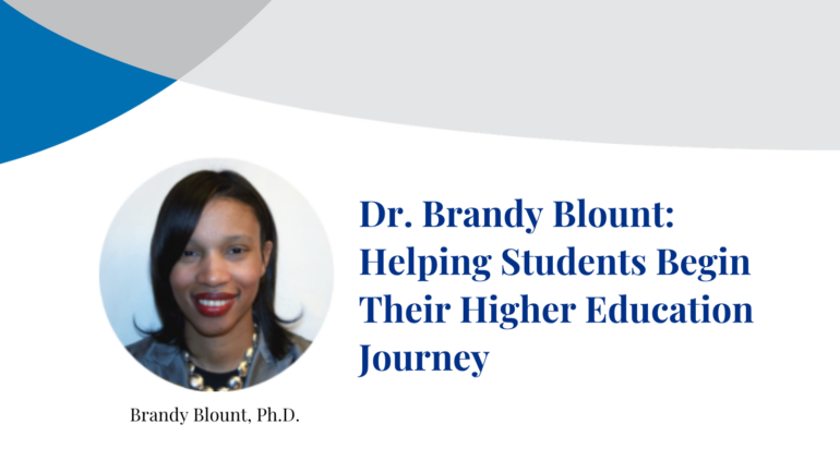Dr. Brandy Blount smiles at the camera in photograph inset on a banner displaying their name.