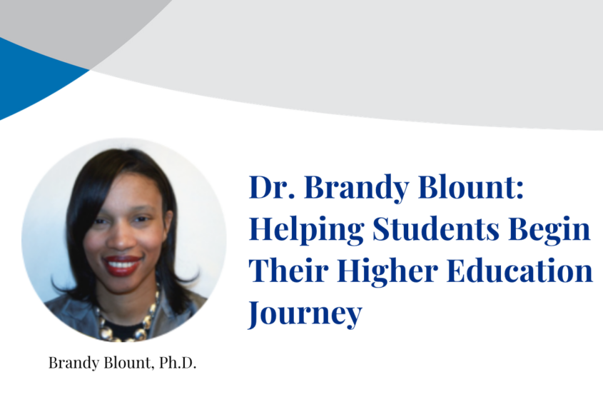 Dr. Brandy Blount smiles at the camera in photograph inset on a banner displaying their name.