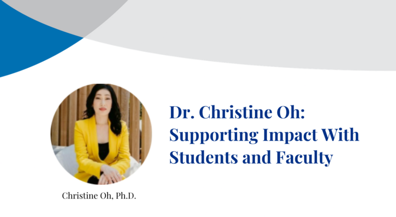 Dr. Christine Oh smiles at the camera in photograph inset on a banner displaying their name.