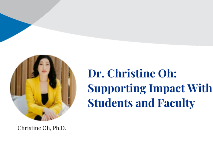 Dr. Christine Oh smiles at the camera in photograph inset on a banner displaying their name.