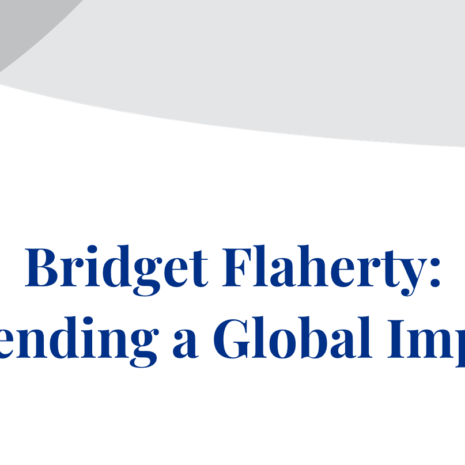 A white banner with blue-and-gray The Chicago School branding reads, "Bridget FLahery: Extending a Global Impact."