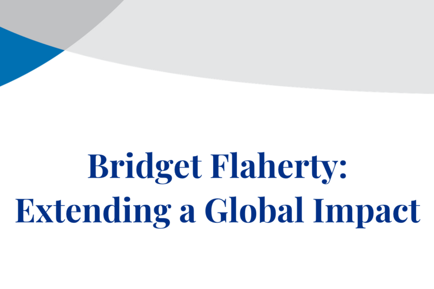 A white banner with blue-and-gray The Chicago School branding reads, "Bridget FLahery: Extending a Global Impact."