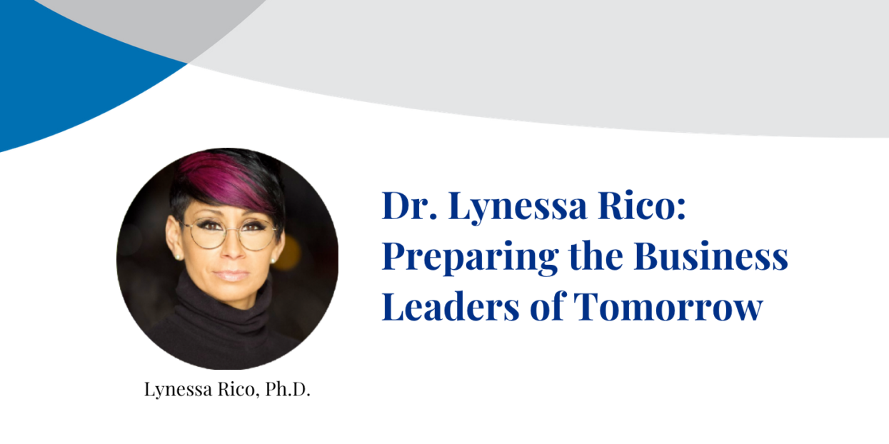Dr. Lynessa Rico smiles at the camera in photograph inset on a banner displaying their name.