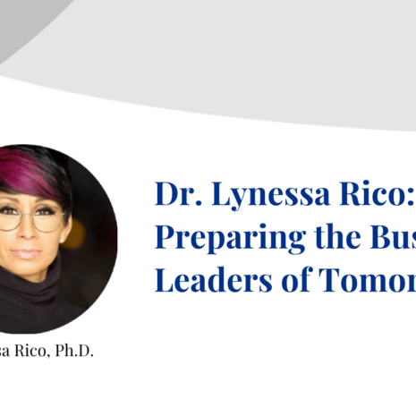 Dr. Lynessa Rico smiles at the camera in photograph inset on a banner displaying their name.