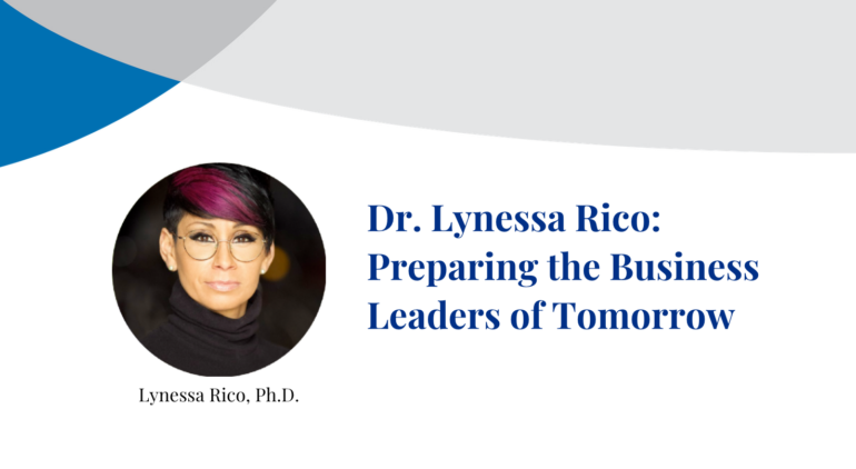 Dr. Lynessa Rico smiles at the camera in photograph inset on a banner displaying their name.