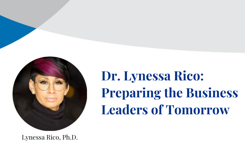 Dr. Lynessa Rico smiles at the camera in photograph inset on a banner displaying their name.