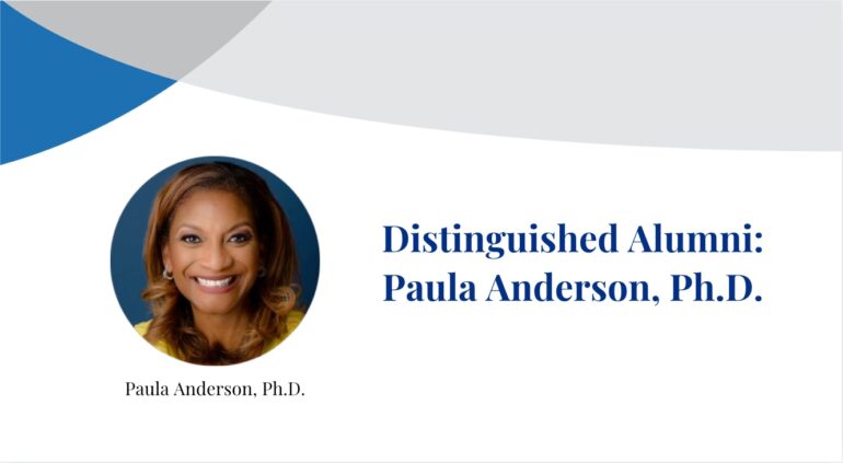 Dr. Paula Anderson smiles at the camera in photograph inset on a banner displaying their name.