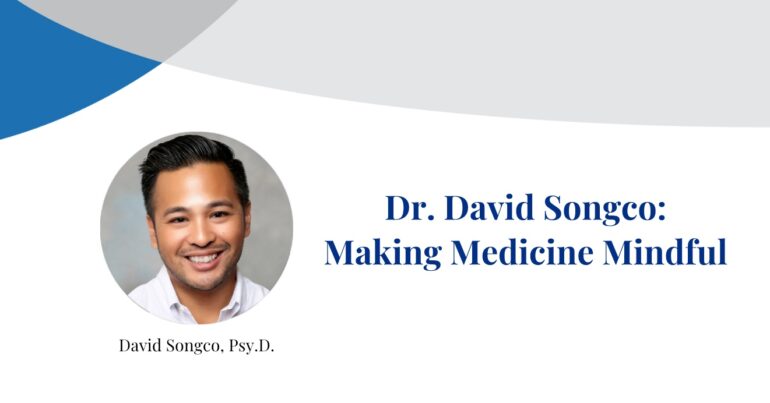 Dr. David Songco smiles at the camera in photograph inset on a banner displaying their name.