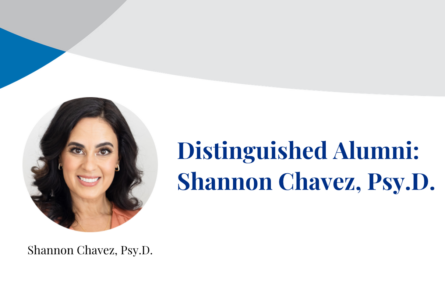 Dr. Shannon Chavez smiles at the camera in photograph inset on a banner displaying their name.