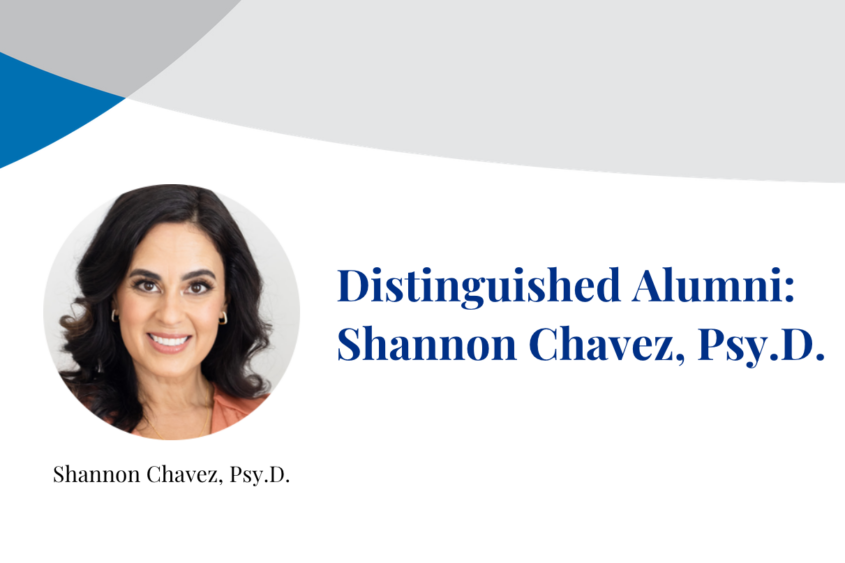 Dr. Shannon Chavez smiles at the camera in photograph inset on a banner displaying their name.