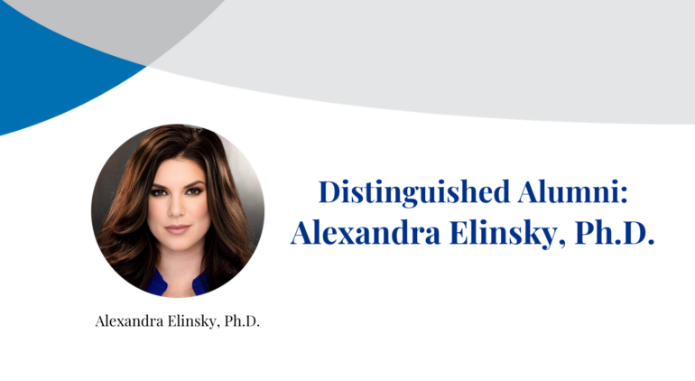 Dr. Alexandra Elinsky smiles at the camera in photograph inset on a banner displaying their name.