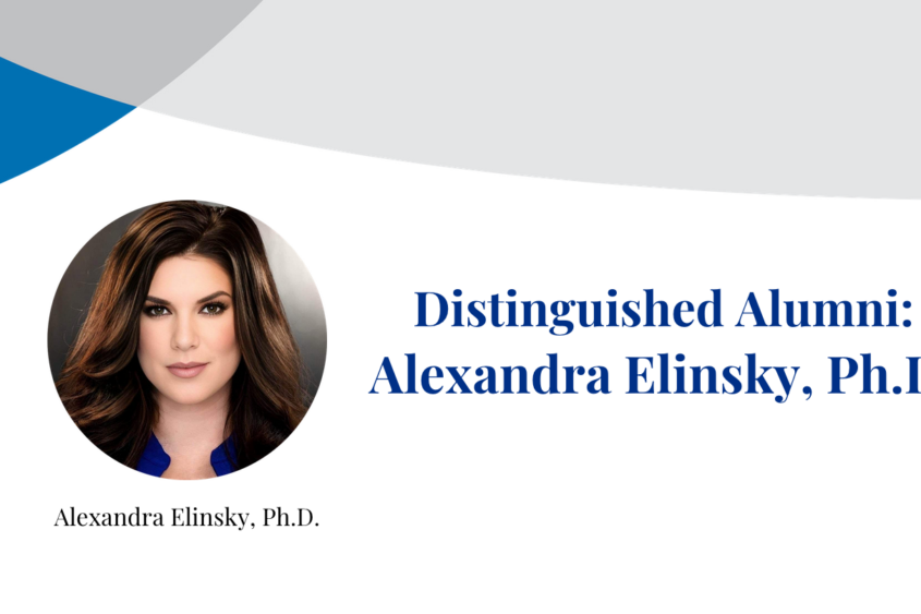 Dr. Alexandra Elinsky smiles at the camera in photograph inset on a banner displaying their name.