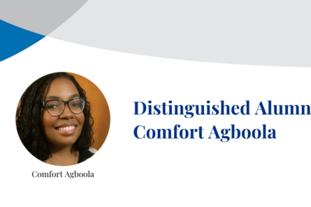 Comfort Agboola smiles at the camera in a photograph inset on a banner displaying their name.