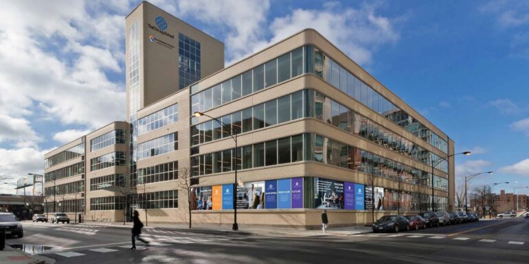 A rendering shows The Chicago School's planned new building at 400 S Jefferson.