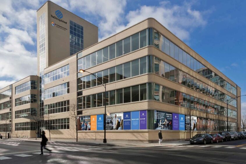 A rendering shows The Chicago School's planned new building at 400 S Jefferson.