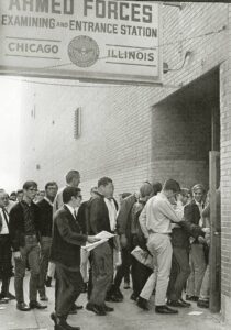 Young men atthe U.S. Army Induction Center at 615 W. Van Buren, 1967. (Chuckman’s Chicago Nostalgia)