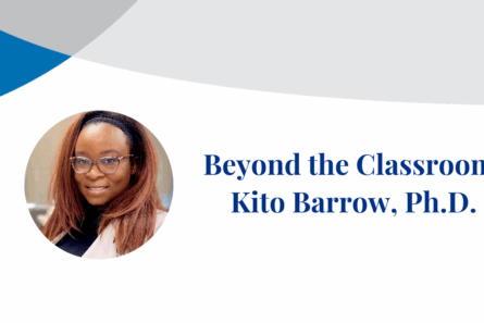 Dr. Kito Barrow smiles at the camera in a photograph inset on a banner displaying their name.