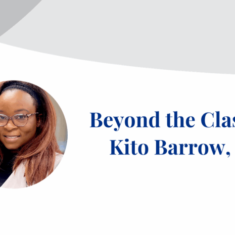 Dr. Kito Barrow smiles at the camera in a photograph inset on a banner displaying their name.