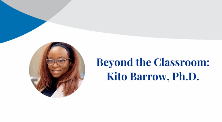 Dr. Kito Barrow smiles at the camera in a photograph inset on a banner displaying their name.