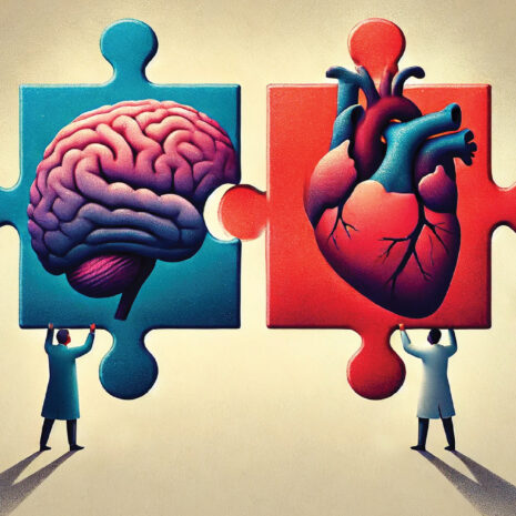 Doctors connect a giant puzzle piece with a brain on it to a giant puzzle piece with a heart on it.