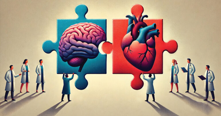 Doctors connect a giant puzzle piece with a brain on it to a giant puzzle piece with a heart on it.