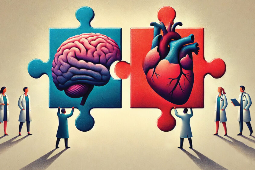 Doctors connect a giant puzzle piece with a brain on it to a giant puzzle piece with a heart on it.